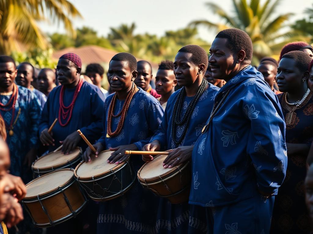 A Black Yoruba community gathering with drummers in indigo cloth