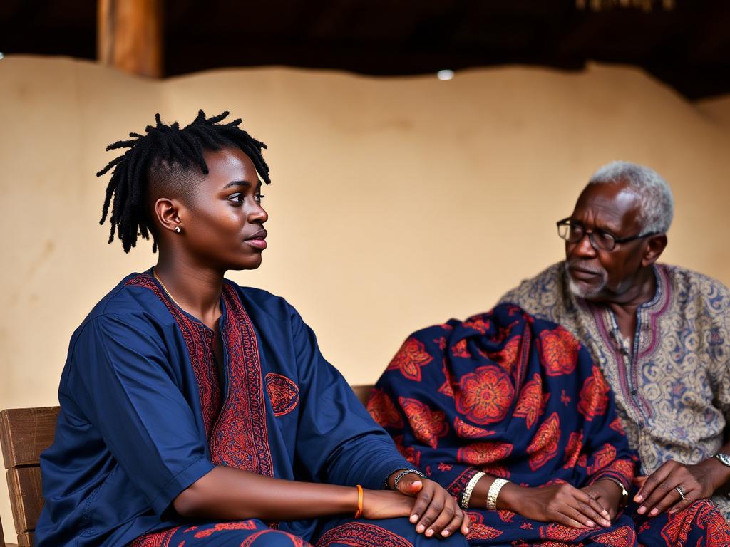 A young Black Yoruba couple in courtship seated near an elder