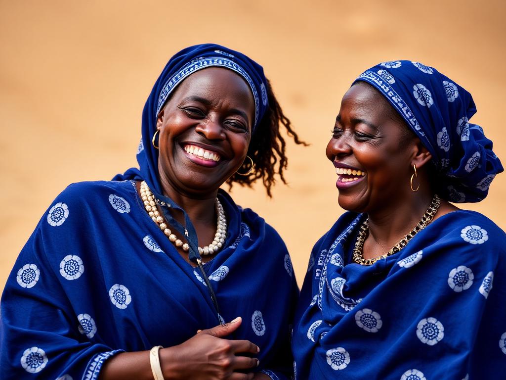 Two Black Yoruba women in indigo adire cloth laughing together