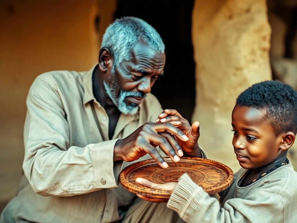 An elderly Black Yoruba man teaching a boy with a carved Opon Ifa tray