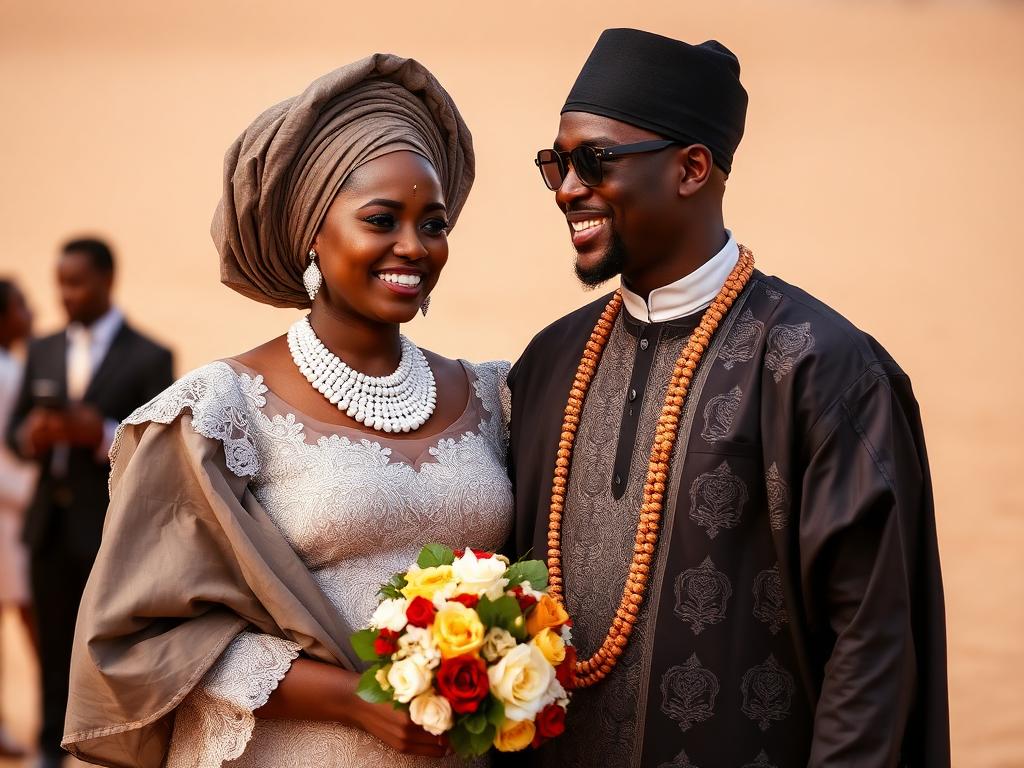 A Black Yoruba bride in gele and groom in agbada at their wedding